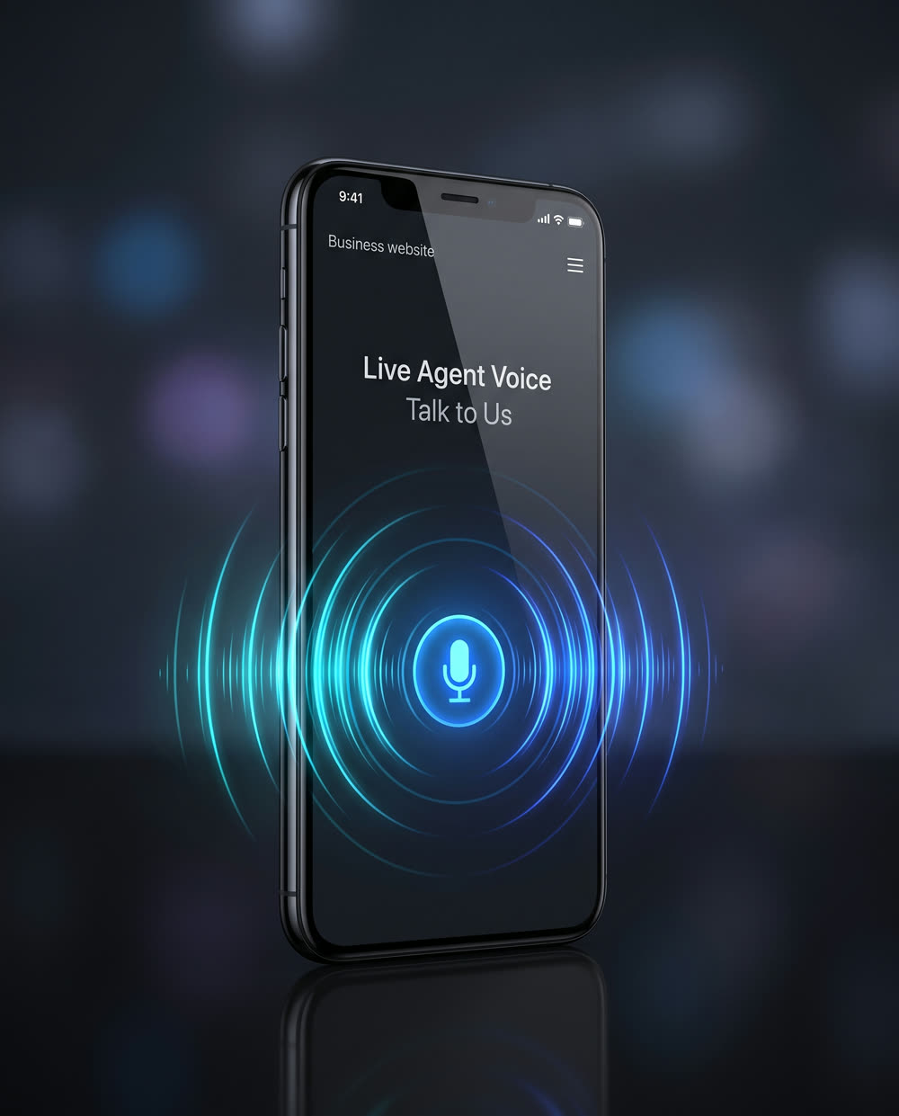 A phone showing a business website with a live voice agent — a glowing microphone and soundwaves, Talk to Us