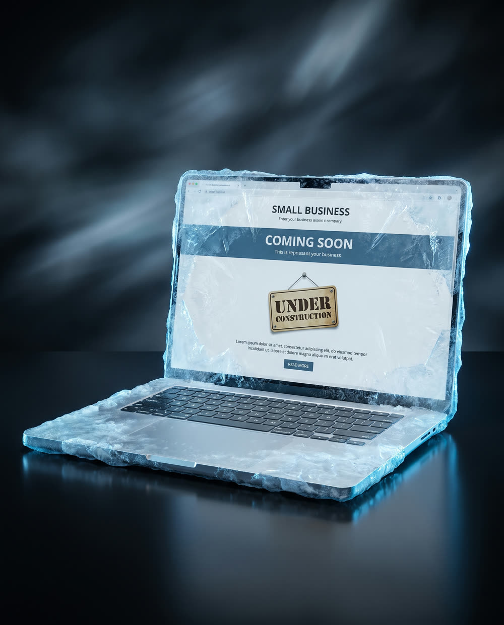 A small-business website frozen solid in a block of ice — coming soon, under construction, never updated